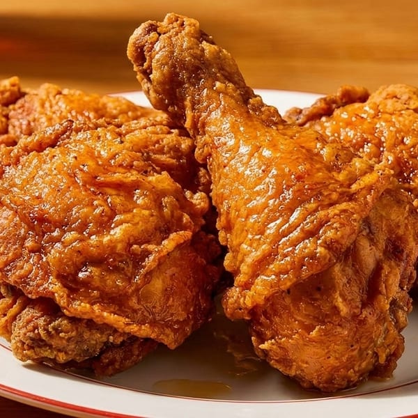 Crispy, golden-brown fried chicken pieces, including a drumstick, on a white plate with a red rim.