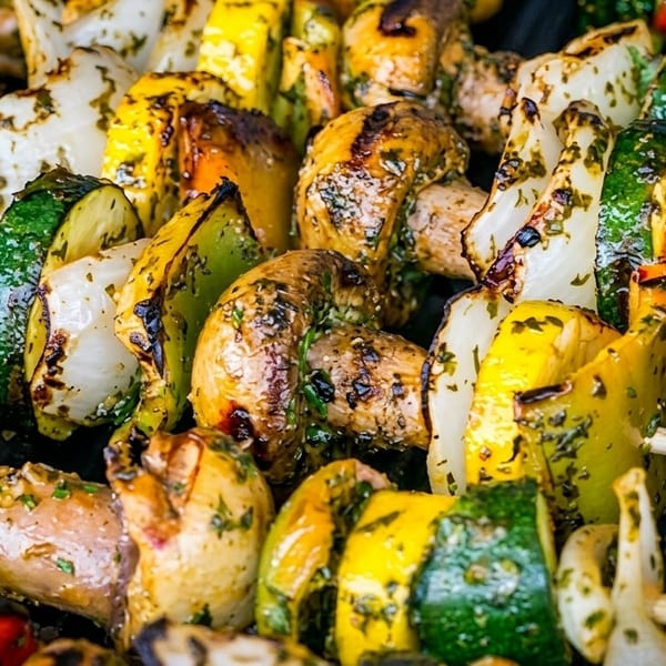 Grilled vegetable skewers with mushrooms, zucchini, bell peppers, and onions cooking on a grill.