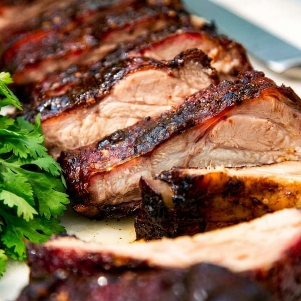 Close-up of sliced, glazed BBQ ribs with fresh cilantro and a knife on a white cutting board.