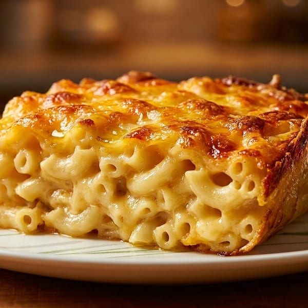 A golden-brown baked mac and cheese slice with bubbly cheese topping on a white plate.