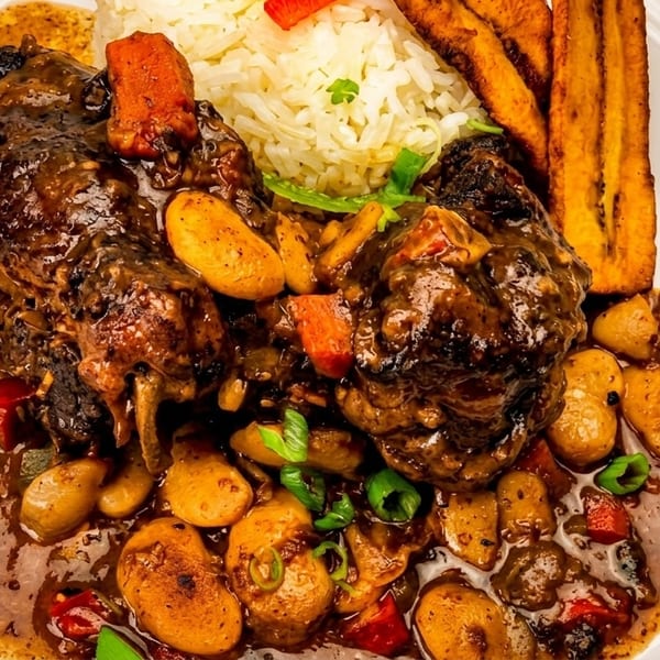 Oxtail stew with butter beans, rice, and fried plantains on a white plate.