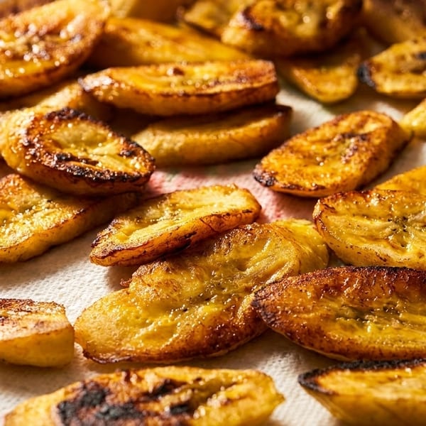 Close-up of golden-brown fried plantain slices resting on a white paper towel.