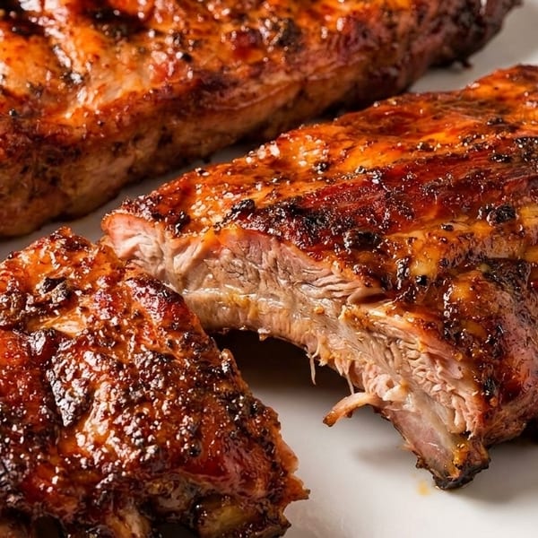 Close-up of two racks of glistening, barbecued ribs with one rack partially cut, revealing tender meat.